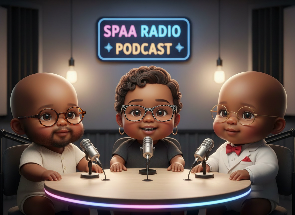 SPAA Radio Podcast — three stylized hosts at the microphone